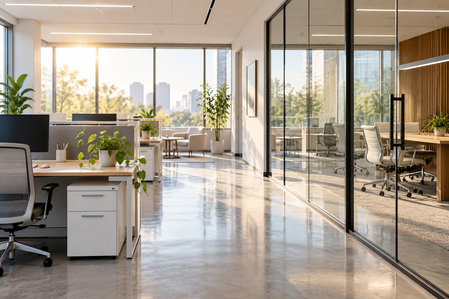 A bright, tidy office with clean floors and glass partitions